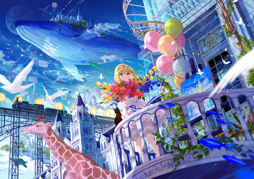 1girl aircraft airplane architecture balcony balloon bird blonde_hair bloomers blue_eyes blue_sky blurry bouquet bow building canvas_(object) castle commentary_request day dirigible dress fantasy ferris_wheel fish flock flower fuji_choko giraffe ground_vehicle hair_bow has_bad_revision has_downscaled_revision highres holding holding_bouquet hot_air_balloon locomotive long_hair long_sleeves looking_at_viewer moon original outdoors painting_(object) plant rose scenery sky smile solo standing steam_locomotive sunlight table train transparent turtle underwear whale white_dress
