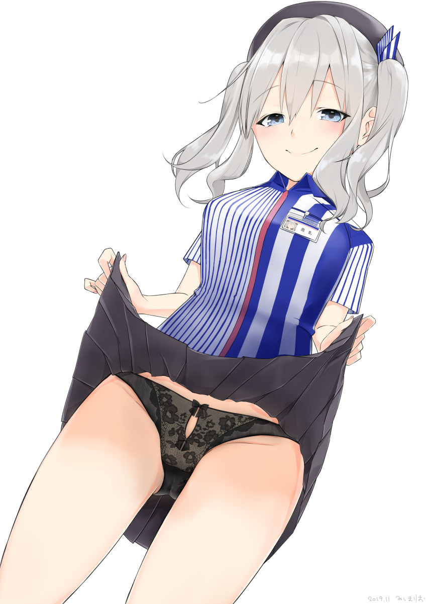 1girl absurdres ass_visible_through_thighs beret black_panties black_skirt blue_eyes blush bow bow_panties breasts cashier closed_mouth commentary_request cowboy_shot employee_uniform eyebrows_visible_through_hair from_below groin hat highres id_card kantai_collection kashima_(kantai_collection) kerchief lace lace-trimmed_panties large_breasts lawson lifted_by_self lingerie long_hair looking_at_viewer mishima_ryo panties pleated_skirt shirt sidelocks silver_hair simple_background skirt smile solo store_clerk striped striped_shirt thighs twintails underwear uniform vertical-striped_shirt vertical_stripes wavy_hair white_background