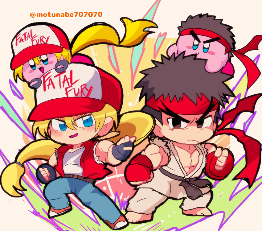 2boys 2others baseball_cap black_hair blonde_hair capcom capcom_vs_snk chibi copy_ability cosplay denim dougi fatal_fury fingerless_gloves gloves hair_down hal_laboratory_inc. hat highres hoshi_no_kirby human jeans kirby kirby_(series) long_hair looking_at_viewer male_focus motunabe707070 multiple_boys nintendo pants pink_puff_ball ponytail ryuu_(street_fighter) snk sora_(company) star street_fighter super_smash_bros. terry_bogard terry_bogard_(cosplay) the_king_of_fighters vest