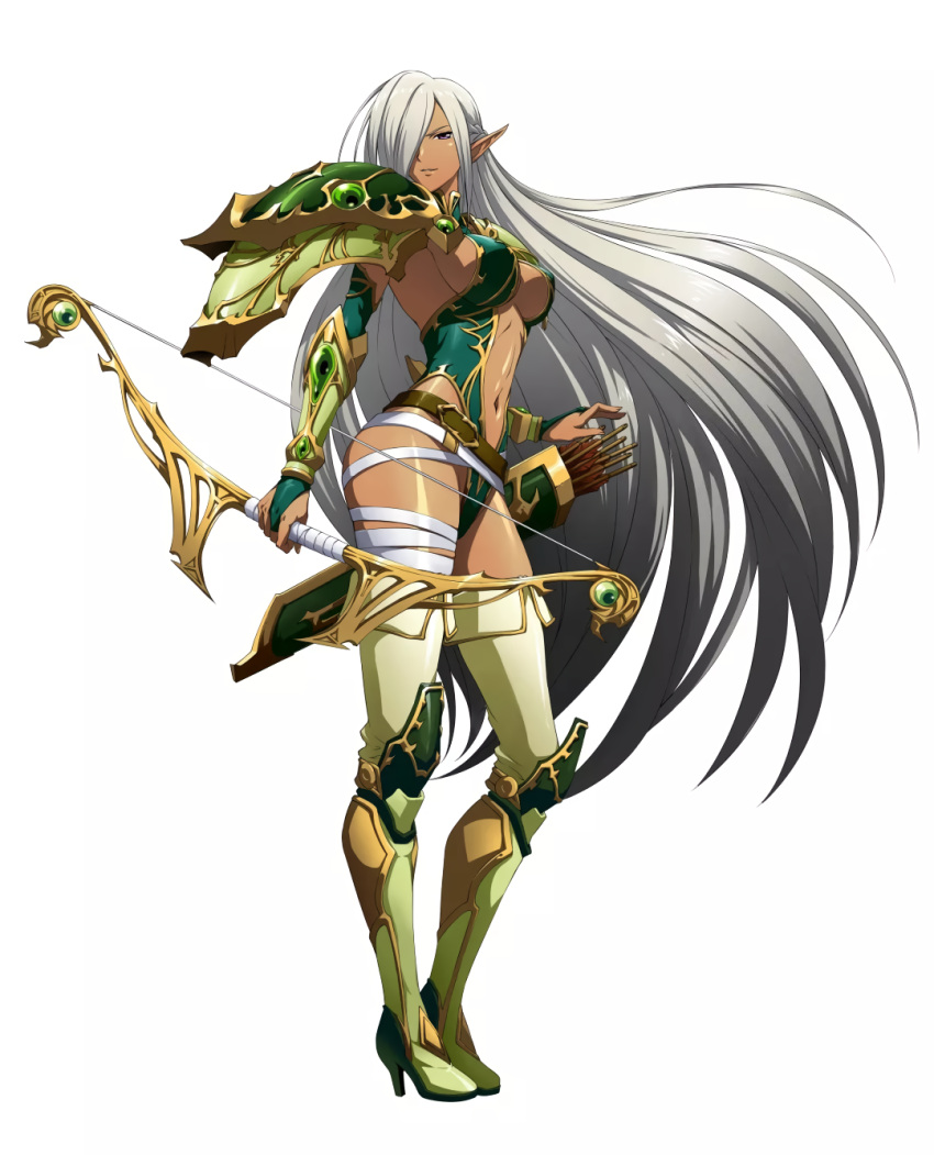 1girl boots center_opening dark_skin full_body hair_over_one_eye high_heels highres holding_bow langrisser long_hair navel official_art pointy_ears quiver silver_hair simple_background solo standing thigh-highs thigh_boots very_long_hair white_background