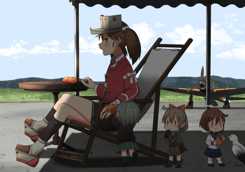 4girls aircraft aircraft_request airplane albatross annin_musou black_skirt blue_sky brown_hair chair clouds commentary_request day fairy_(kantai_collection) folding_chair food fruit full_body japanese_clothes kantai_collection kariginu magatama mandarin_orange multiple_girls outdoors platform_footwear pleated_skirt red_shirt ryuujou_(kantai_collection) school_uniform serafuku shirt sitting skirt sky table twintails visor_cap
