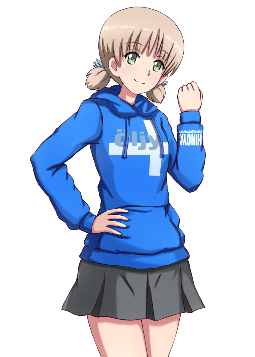 1girl absurdres aki_(girls_und_panzer) bangs blue_shirt casual clenched_hand closed_mouth clothes_writing finnish_text girls_und_panzer green_eyes grey_skirt hair_tie hand_on_hip head_tilt highres hood hood_down hoodie light_brown_hair long_sleeves looking_at_viewer miniskirt omachi_(slabco) pleated_skirt shirt short_hair short_twintails simple_background skirt smile solo standing twintails white_background