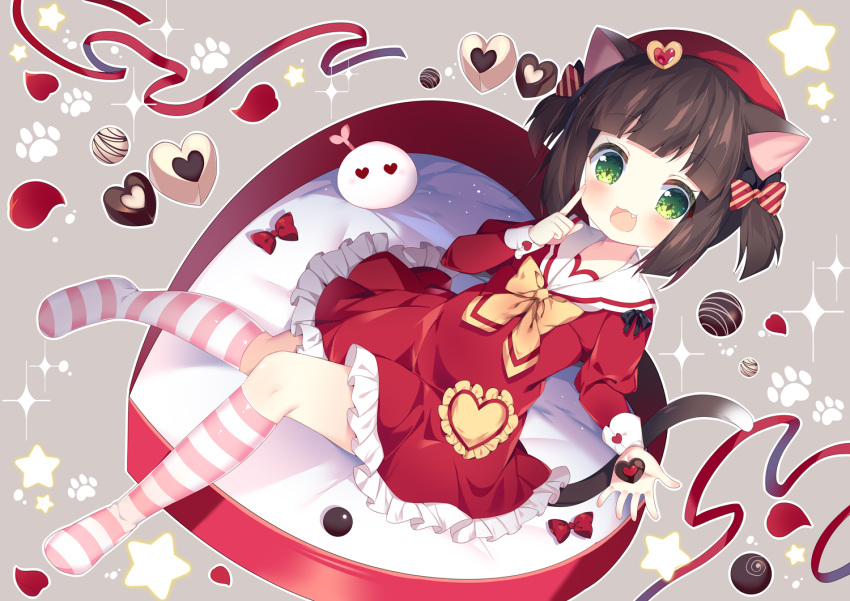 1girl animal_ears azur_lane bow brown_hair candy cat_ears cat_tail chocolate chocolate_heart dress fang finger_to_mouth food green_eyes hair_bow hat heart kneehighs knees_together_feet_apart lying mutsuki_(azur_lane) on_back open_mouth red_dress red_headwear ribbon sailor_collar sailor_dress short_dress short_hair short_twintails smile solo striped striped_legwear tail tsukimi_(xiaohuasan) twintails