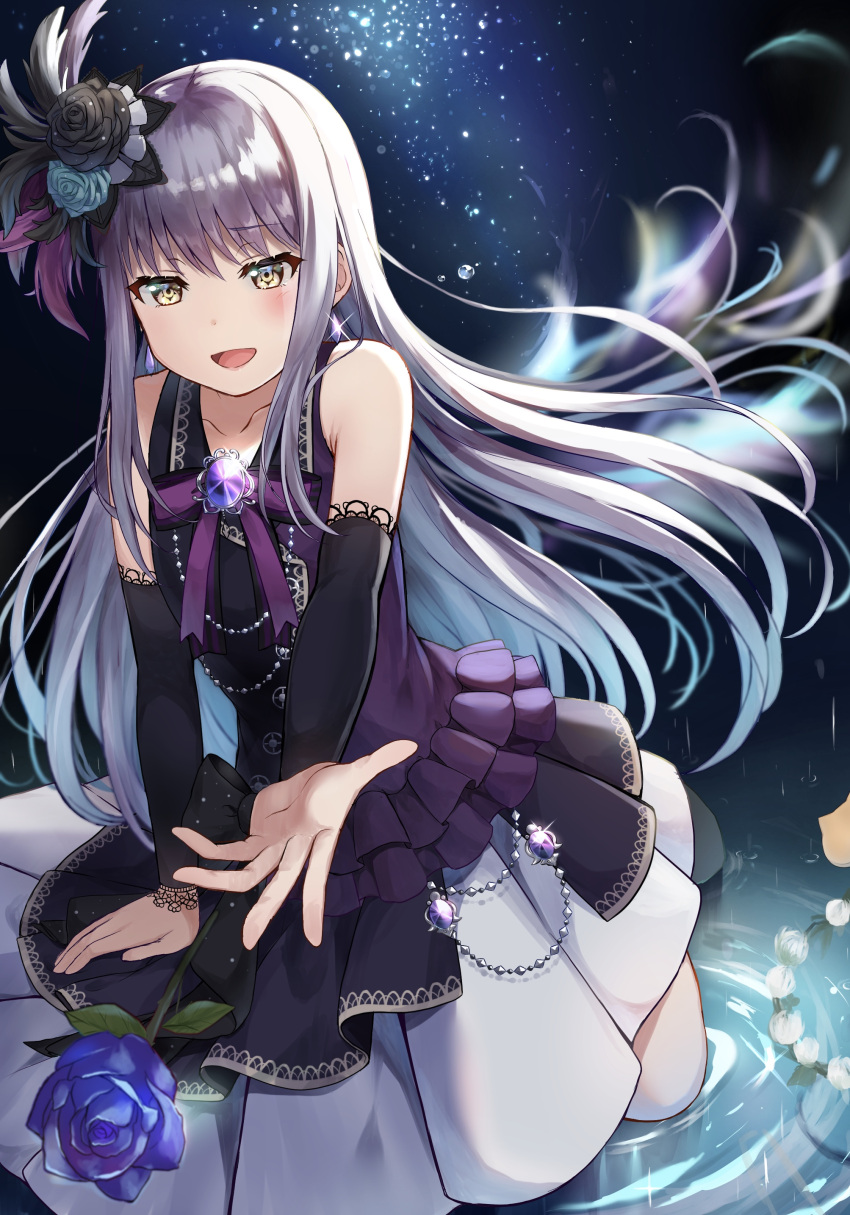 1girl :d absurdres aqua_rose arm_support bang_dream! bangs bare_shoulders birthday black_bow black_flower black_rose blue_flower blue_rose bow bowtie collarbone commentary dark_background detached_sleeves dress earrings eyebrows_visible_through_hair feathers flower frilled_dress frills gem hair_feathers hair_flower hair_ornament happy highres jewelry lace-trimmed_sleeves leaf light_blush light_particles long_hair looking_at_viewer mia_(fai1510) minato_yukina open_mouth outstretched_arm ripples rose sidelocks silver_hair sleeveless sleeveless_dress smile solo sparkle water water_drop yellow_eyes