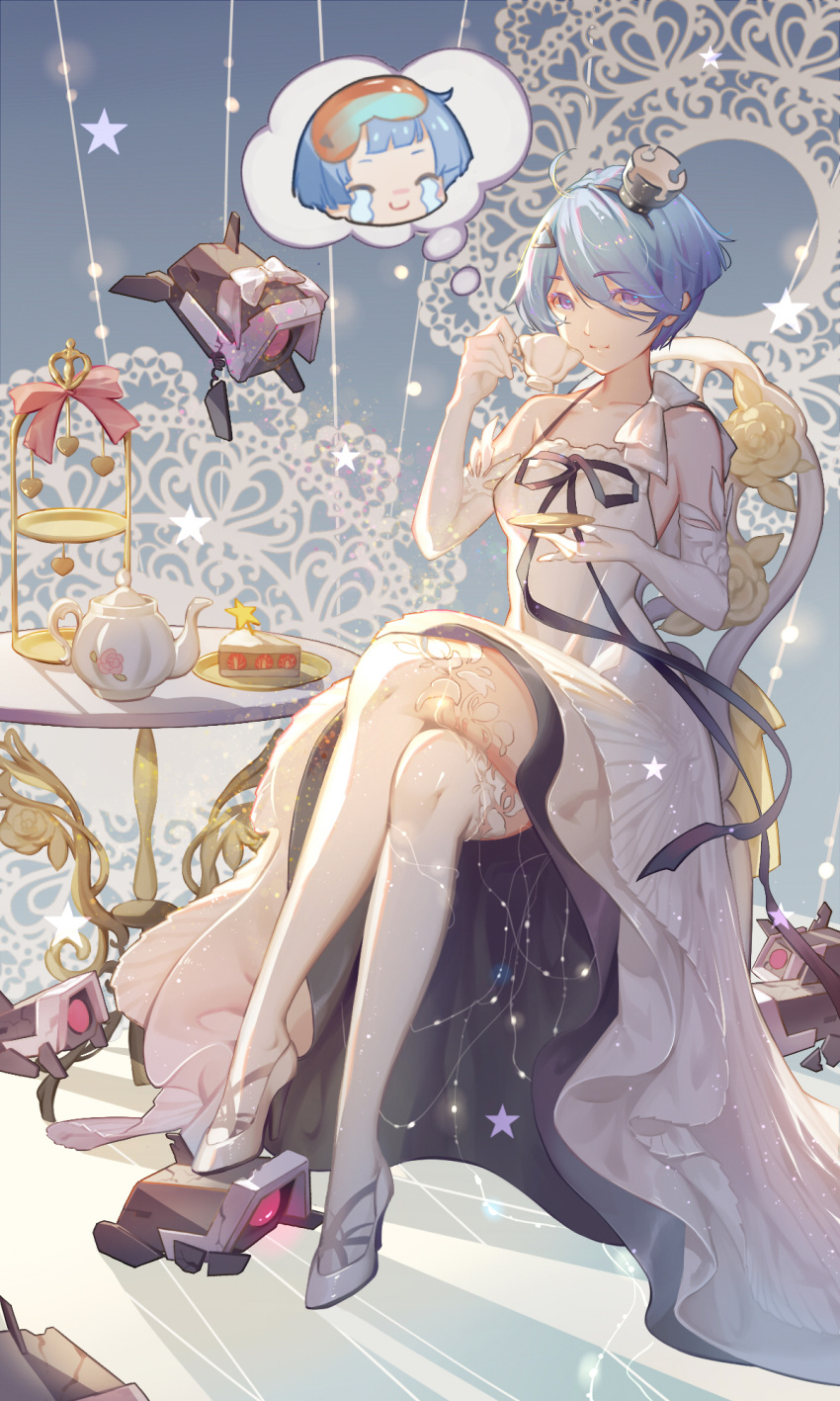1girl bangs bare_shoulders blue_hair cake chinese_commentary collarbone commentary_request crossed_legs cup dinergate_(girls_frontline) dress emurina eyebrows_visible_through_hair food full_body girls_frontline gloves hair_between_eyes hair_ornament hairband high_heels highres holding holding_cup long_dress looking_at_viewer ribbon short_hair sitting sleeveless sleeveless_dress smile speech_bubble table tagme teacup teapot thigh-highs violet_eyes white_dress white_gloves white_legwear white_ribbon zas_m21_(girls_frontline)