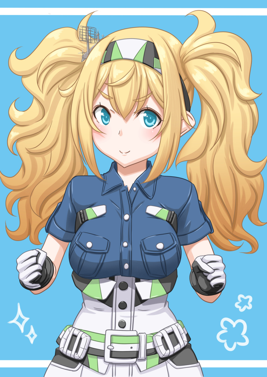 1girl :&gt; blonde_hair blue_background blue_eyes blue_shirt breast_pocket breasts clenched_hand collared_shirt commentary_request doyagao gambier_bay_(kantai_collection) gloves hairband highres kantai_collection large_breasts long_hair multicolored multicolored_clothes multicolored_gloves multicolored_hairband pocket shirt smug solo t2r twintails two-tone_background upper_body