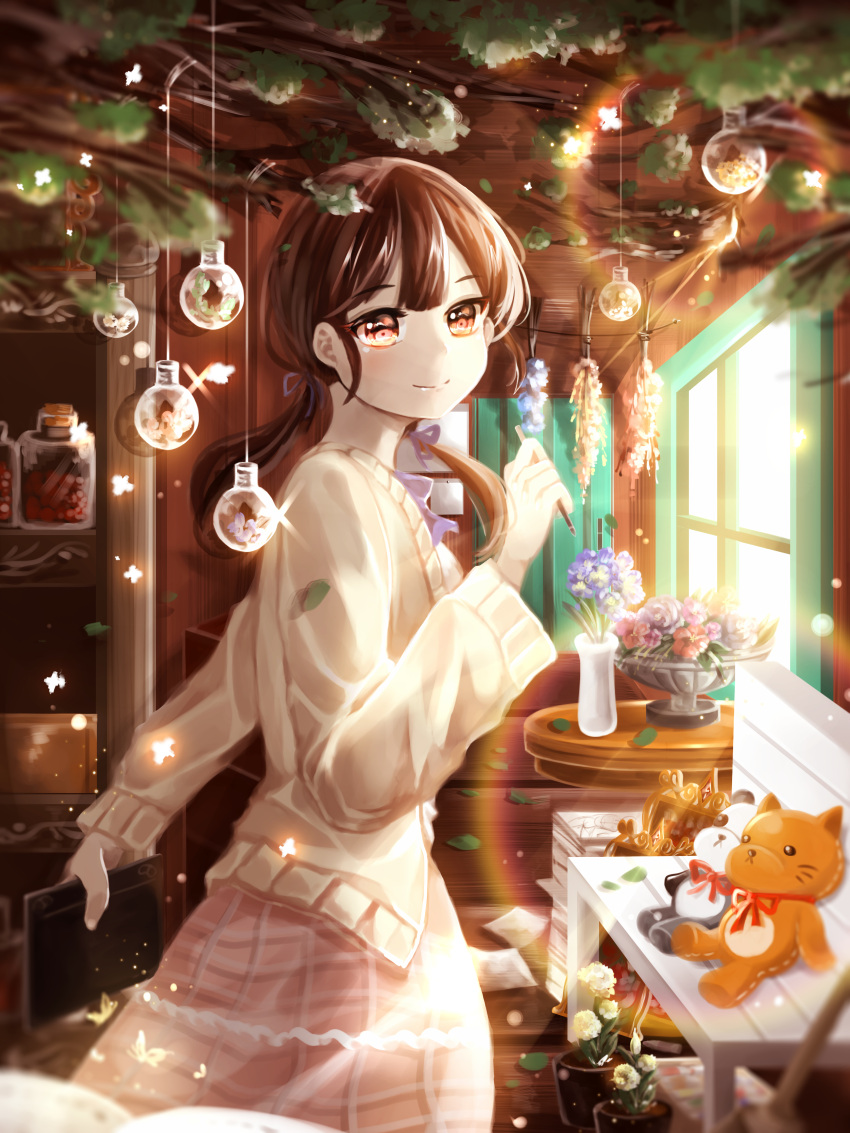 1girl absurdres bangs bench blurry_foreground brown_hair flower highres indoors long_sleeves looking_at_viewer low_twintails original ornament painting_(object) paper paper_stack shelf sidelocks skirt smile standing stuffed_animal stuffed_cat stuffed_toy table teddy_bear twintails vase window yoliyoligirl