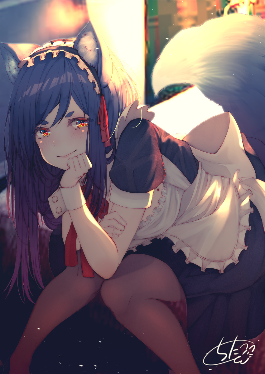 1girl animal_ear_fluff animal_ears apron backlighting bangs black_dress black_hair black_hairband blurry blurry_background blush bow breasts brown_legwear chita_(ketchup) closed_mouth commentary_request depth_of_field dress eyebrows_visible_through_hair feet_out_of_frame fox_ears fox_girl fox_tail frilled_apron frilled_hairband frills hairband highres knees_together_feet_apart large_breasts leaning_forward long_hair maid maid_apron mole mole_on_breast original pantyhose puffy_short_sleeves puffy_sleeves red_bow red_eyes short_sleeves signature smile solo tail thick_eyebrows very_long_hair white_apron wrist_cuffs