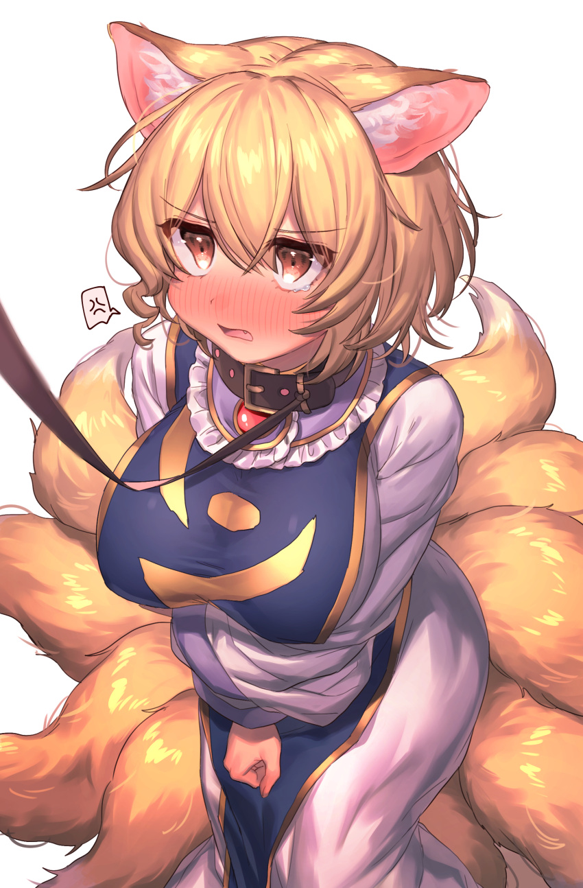1girl absurdres anger_vein animal_ear_fluff animal_ears bangs black_collar blonde_hair blush breasts brown_eyes collar commentary_request cowboy_shot dress eyebrows_visible_through_hair fang fox_ears fox_tail frilled_shirt_collar frills grey_background hair_between_eyes highres large_breasts leash long_sleeves masanaga_(tsukasa) multiple_tails no_hat no_headwear nose_blush open_mouth short_hair simple_background solo spoken_anger_vein standing tabard tail tears touhou white_dress wide_sleeves yakumo_ran