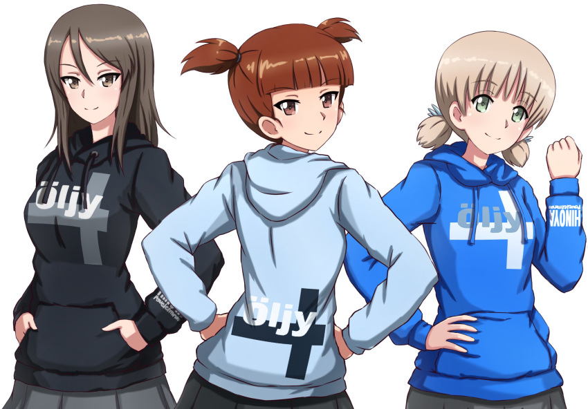 3girls aki_(girls_und_panzer) bangs black_shirt blue_shirt blue_skirt blunt_bangs brown_eyes brown_hair casual clenched_hand closed_mouth clothes_writing commentary drawstring eyebrows_visible_through_hair finnish_text from_behind girls_und_panzer green_eyes grey_skirt hair_tie hand_on_hip hands_in_pockets hands_on_hips head_tilt highres hood hood_down hoodie light_brown_hair long_hair long_sleeves looking_at_viewer looking_back mika_(girls_und_panzer) mikko_(girls_und_panzer) miniskirt multiple_girls no_hat no_headwear omachi_(slabco) pants pants_under_skirt pleated_skirt red_eyes redhead shirt short_hair short_twintails side-by-side simple_background single_vertical_stripe skirt smile standing swept_bangs track_pants twintails white_background