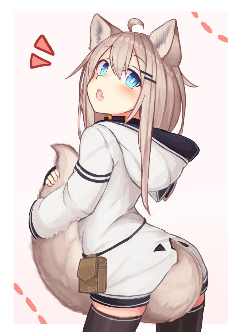 1girl animal_ear_fluff animal_ears between_legs black_legwear blue_eyes commentary_request fang hair_ornament hairclip highres hood hood_down hoodie light_brown_hair long_hair long_sleeves looking_at_viewer looking_back naked_hoodie open_mouth original pouch reitou_mikan tail tail_between_legs tail_hold thigh-highs