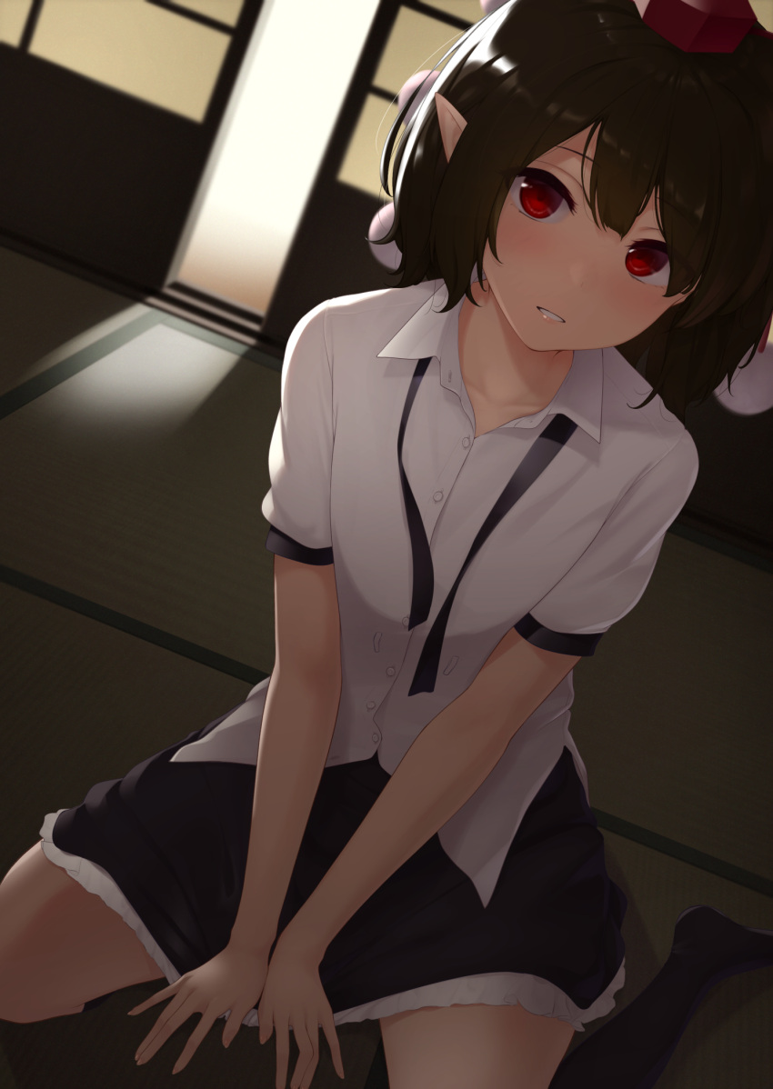 1girl between_legs black_hair black_legwear black_skirt blush dutch_angle hand_between_legs hat head_tilt highres indoors kanpa_(campagne_9) kneehighs looking_at_viewer neck_ribbon no_shoes on_floor parted_lips petticoat pointy_ears pom_pom_(clothes) puffy_short_sleeves puffy_sleeves red_eyes red_headwear ribbon shameimaru_aya shirt short_hair short_sleeves shouji sitting skirt sliding_doors solo tatami tokin_hat touhou untied untucked_shirt wariza white_shirt
