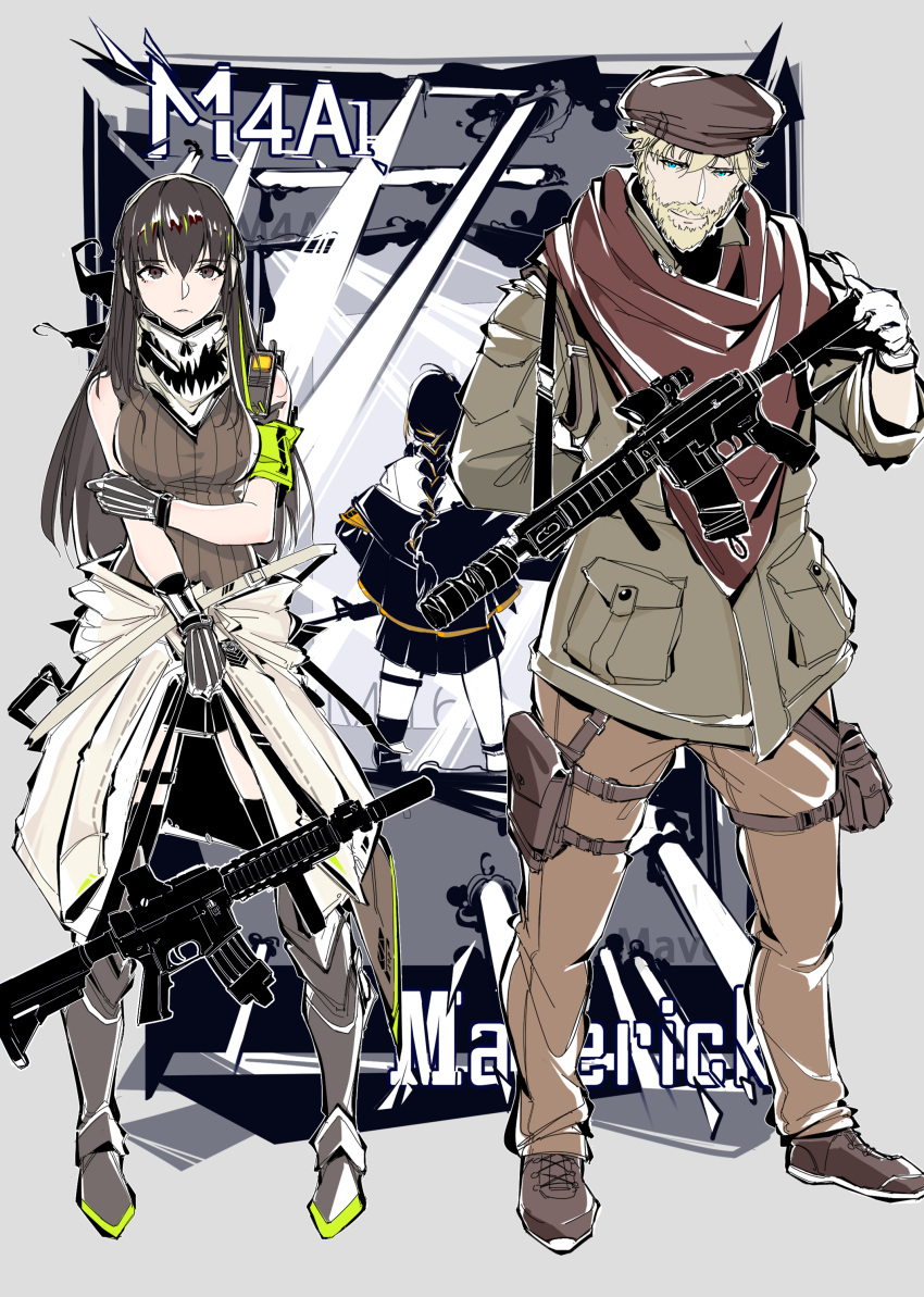 1boy 2girls absurdres armband artist_request assault_rifle bandana beard black_hair blonde_hair blue_eyes braided_ponytail brown_eyes character_name chinese_commentary facial_hair girls_frontline gloves gun hat highres m16a1 m16a1_(girls_frontline) m4_carbine m4a1_(girls_frontline) maverick_(rainbow_six_siege) multiple_girls rainbow_six_siege rifle weapon