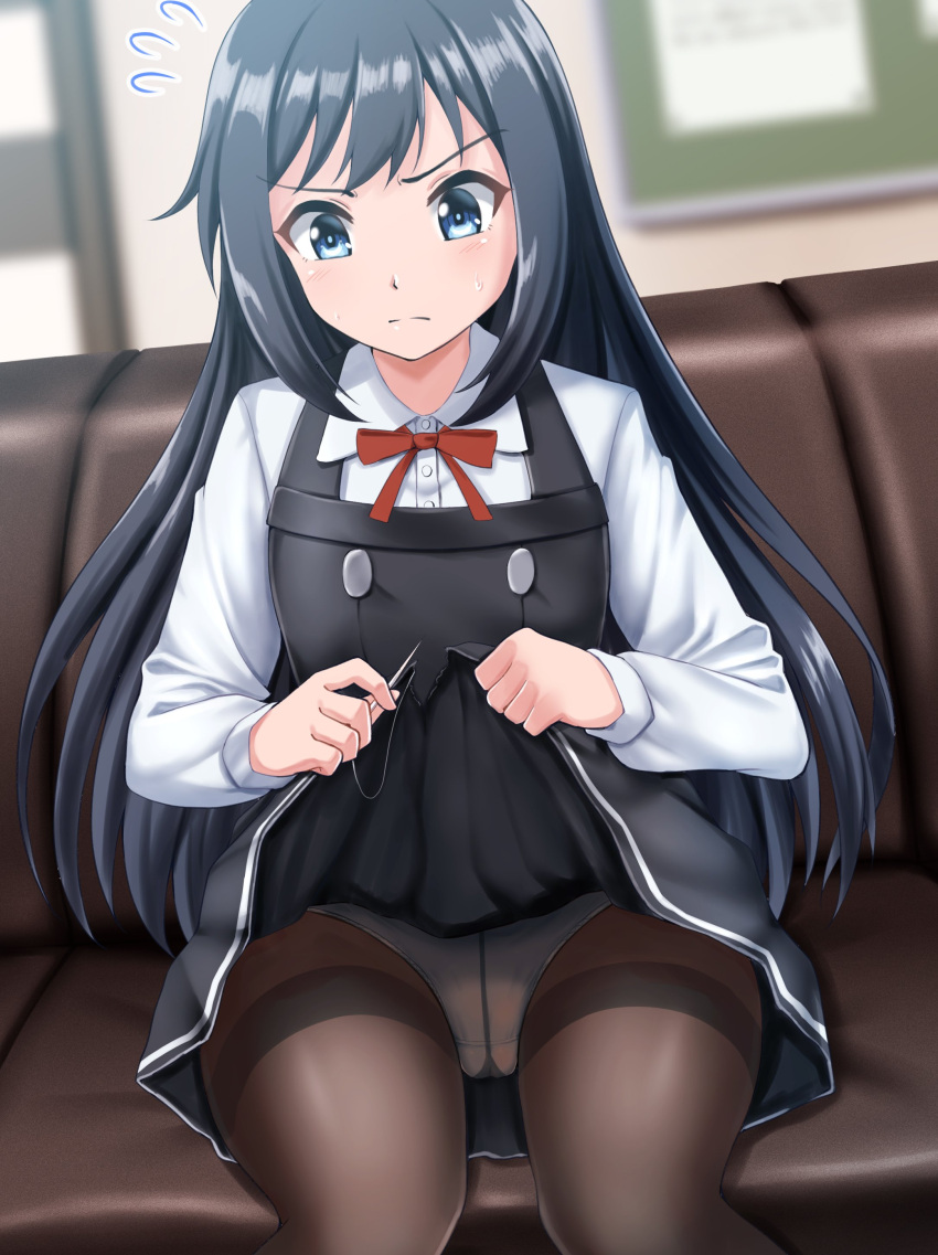 1girl absurdres alternate_legwear asashio_(kantai_collection) belt black_hair black_legwear blue_eyes blue_panties blush closed_mouth commentary_request couch dress eyebrows_visible_through_hair flying_sweatdrops highres kantai_collection lifted_by_self long_hair long_sleeves looking_at_viewer neck_ribbon needle panties panties_under_pantyhose pantyhose pinafore_dress red_ribbon remodel_(kantai_collection) ribbon school_uniform shirt sitting solo torn_clothes torn_dress underwear white_shirt zanntetu