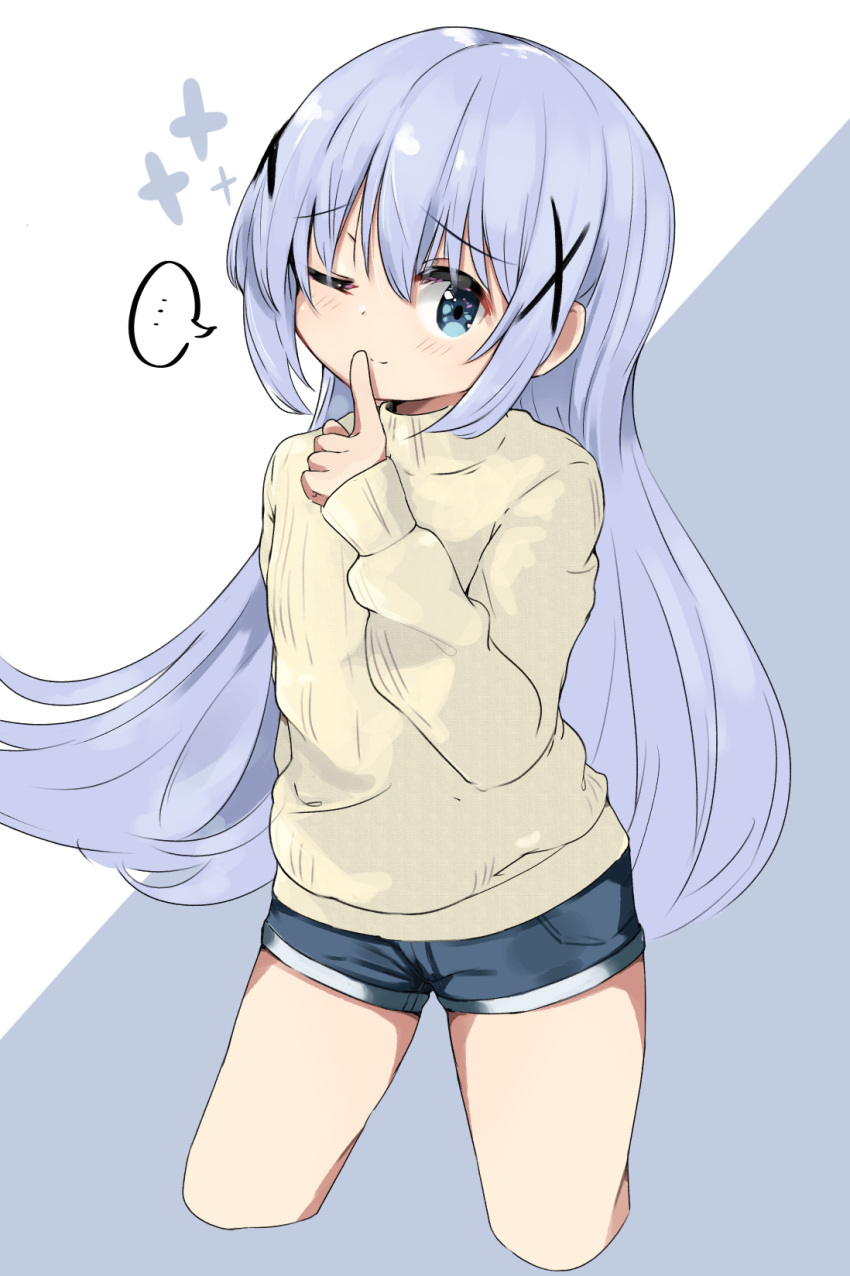 ... 1girl ;) bangs blue_eyes blue_hair blue_shorts blush brown_sweater closed_mouth commentary_request cropped_legs eyebrows_visible_through_hair finger_to_mouth gochuumon_wa_usagi_desu_ka? grey_background hair_between_eyes hair_ornament highres houjichaoic kafuu_chino long_hair long_sleeves one_eye_closed short_shorts shorts shushing sleeves_past_wrists smile solo spoken_ellipsis sweater two-tone_background very_long_hair white_background x_hair_ornament