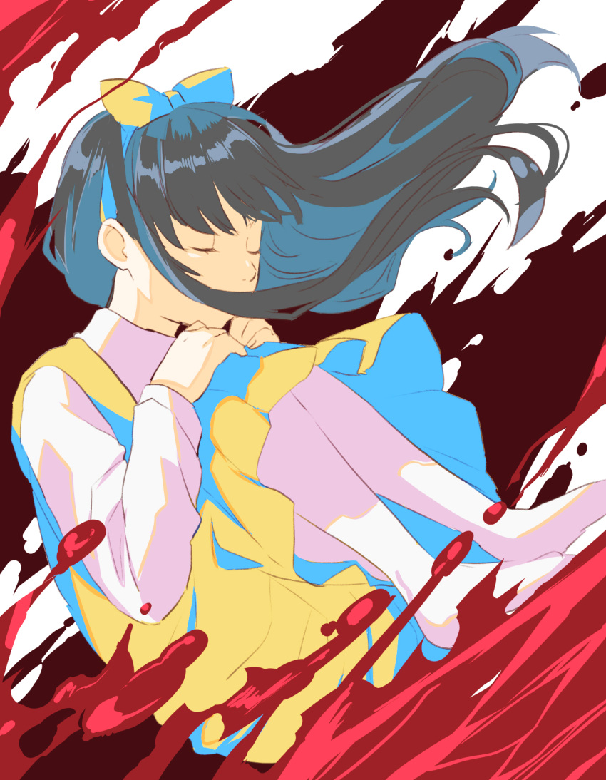 1girl black_hair blood bow closed_eyes devotion dress du_meishin full_body hair_bow highres leg_hug long_hair long_sleeves pantyhose pinafore_dress shirt simple_background solo user_fmwk3744 white_legwear white_shirt yellow_bow yellow_dress