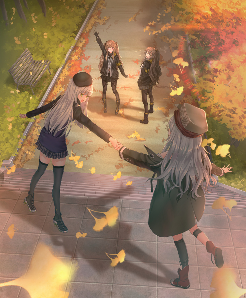 404_(girls_frontline) 404_logo_(girls_frontline) 4girls absurdres armband autumn beret boots brown_hair commentary_request g11_(girls_frontline) girls_frontline gonzz_(gon2rix) grass grey_hair hat highres hk416_(girls_frontline) holding_hands multiple_girls scenery shoes side_ponytail silver_hair sneakers twintails ump45_(girls_frontline) ump9_(girls_frontline) waving_arm