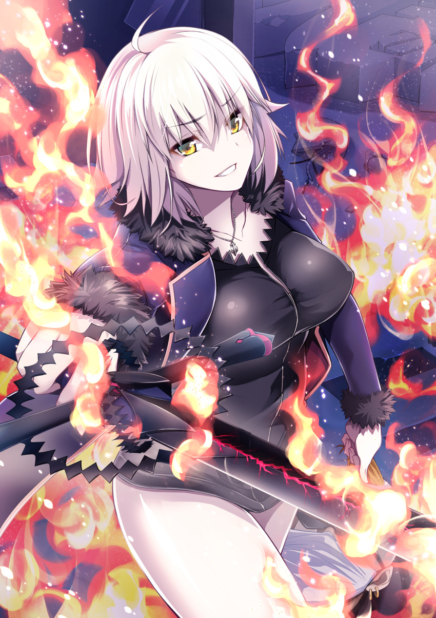 1girl absurdres ahoge alternate_costume bangs black_dress breasts collarbone cowboy_shot dress ear_piercing eyebrows_visible_through_hair fate/grand_order fate_(series) foreshortening fur_trim hair_pull highres holding holding_sword holding_weapon jacket jeanne_d'arc_(alter)_(fate) jeanne_d'arc_(fate)_(all) jewelry keigen_hichou large_breasts looking_at_viewer necklace open_clothes open_jacket pale_skin parted_lips piercing pulling short_dress short_hair smile solo_focus sword thighs weapon white_hair yellow_eyes