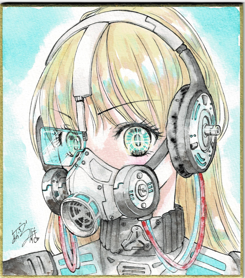 1girl absurdres ao_miduki blonde_hair cable calligraphy_brush commentary_request cyberpunk eyebrows_visible_through_hair gas_mask green_eyes headphones headset highres long_hair looking_at_viewer original paintbrush photo science_fiction scouter signature solo traditional_media watercolor_pencil_(medium)