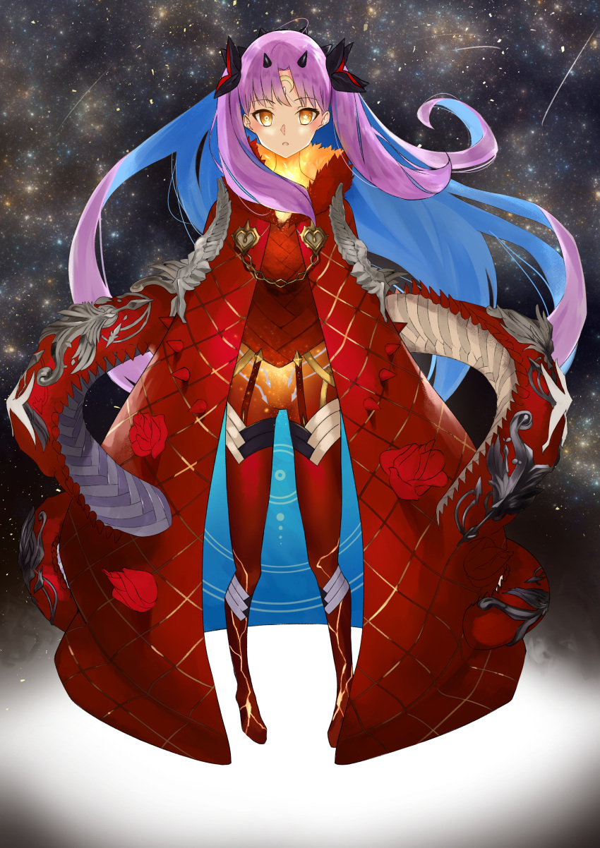 1girl absurdres bangs bodysuit commentary_request eyebrows_visible_through_hair fate/grand_order fate_(series) highres huge_filesize kyoken long_hair looking_at_viewer multicolored_hair open_mouth parted_bangs red_bodysuit red_eyes ribbon solo space_ishtar_(fate) star tagme two-tone_hair two_side_up very_long_hair