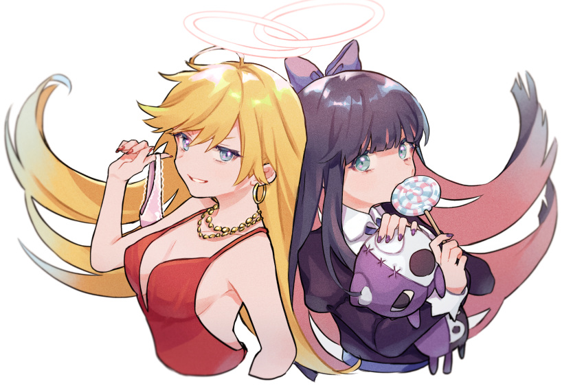 2girls blonde_hair blue_eyes bow candy cropped_torso dress earrings food hair_bow halo highres holding holding_panties hoop_earrings jewelry lollipop long_hair long_sleeves looking_at_viewer multicolored_hair multiple_girls nail_polish necklace panties panties_removed panty_&amp;_stocking_with_garterbelt panty_(psg) pink_hair purple_hair red_dress saino simple_background stocking_(psg) stuffed_animal stuffed_cat stuffed_toy swirl_lollipop two-tone_hair underwear upper_body white_background
