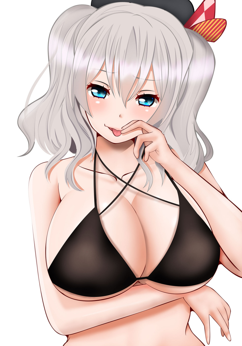 1girl alternate_costume beret bikini black_bikini blue_eyes blush breasts eyebrows_visible_through_hair hat hifumi_kei highres kantai_collection kashima_(kantai_collection) large_breasts long_hair looking_at_viewer open_mouth sidelocks silver_hair simple_background smile solo swimsuit tongue tongue_out twintails wavy_hair white_background