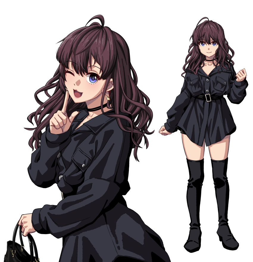 1girl :3 ;3 absurdres ahoge bag blue_eyes boots brown_hair collar earrings highres ichinose_shiki idolmaster idolmaster_cinderella_girls jacket jewelry labcoat lazy_lazy_(idolmaster) lipps_(idolmaster) long_hair one_eye_closed wavy_hair zaino