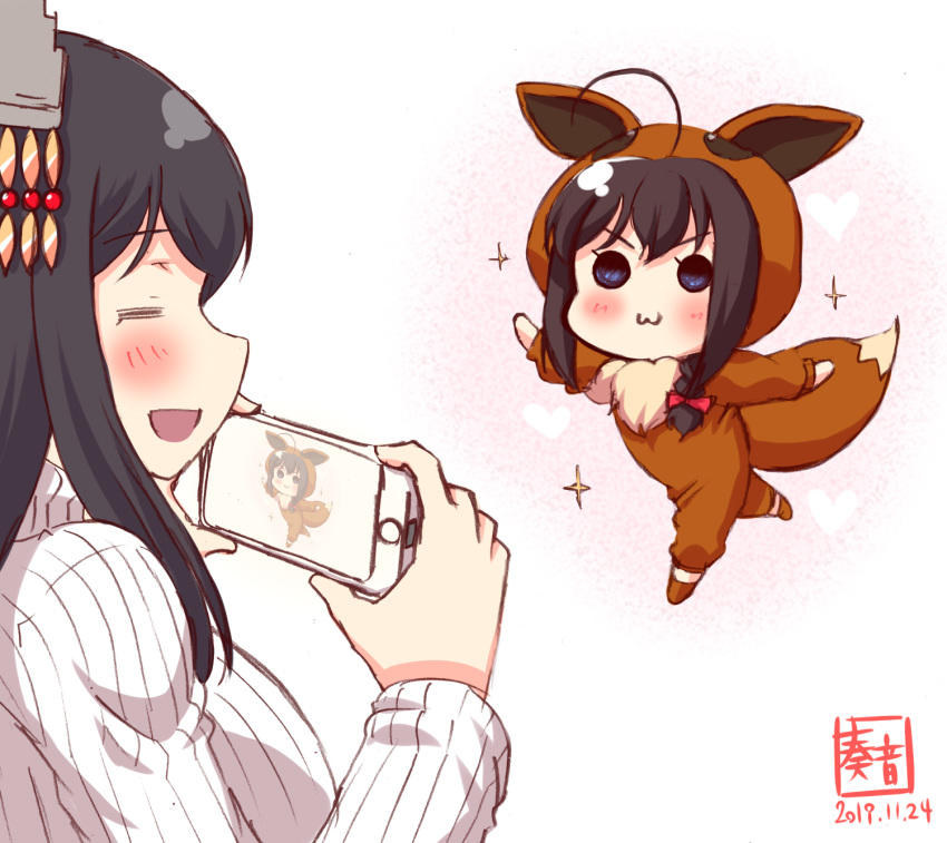 2girls :3 =_= ahoge alternate_costume artist_logo bangs black_hair blue_eyes blush bow braid brown_hair cellphone cellphone_picture closed_eyes commentary_request cosplay dated eevee eevee_(cosplay) hair_bow hair_ornament hair_over_shoulder heart highres holding holding_cellphone holding_phone kanon_(kurogane_knights) kantai_collection long_sleeves multiple_girls open_mouth phone poke_kid_(pokemon) poke_kid_(pokemon)_(cosplay) pokemon pokemon_(game) pokemon_swsh red_bow ribbed_sweater shigure_(kantai_collection) short_hair signature single_braid smartphone smile sparkle sweater taking_picture turtleneck turtleneck_sweater white_sweater yamashiro_(kantai_collection)