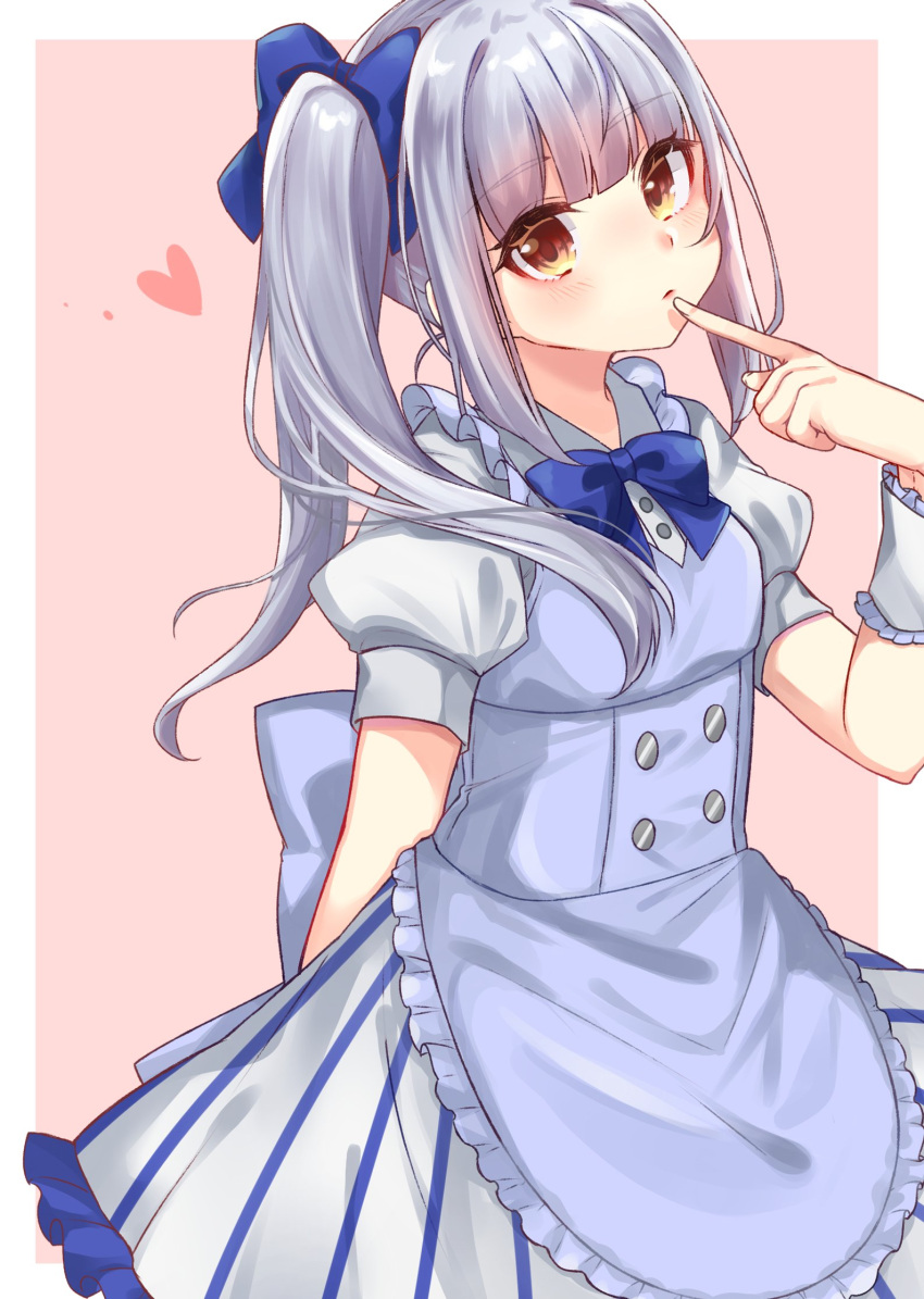 1girl alternate_costume apron artist_request blue_apron blue_neckwear blue_ribbon bow bowtie brown_eyes enmaided eyebrows_visible_through_hair finger_to_mouth hair_ribbon head_tilt heart highres kantai_collection kasumi_(kantai_collection) long_hair looking_at_viewer maid maid_apron pink_background ribbon short_sleeves side_ponytail silver_hair simple_background solo