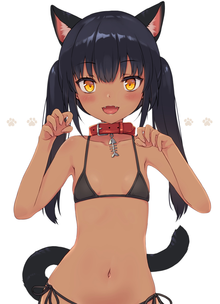 1girl :d animal_ears black_hair black_panties bra breasts cat_ears cat_girl cat_tail claw_pose dark_skin fangs highres komiya_nigi long_hair open_mouth original panties pet_collar small_breasts smile tail twintails underwear yellow_eyes