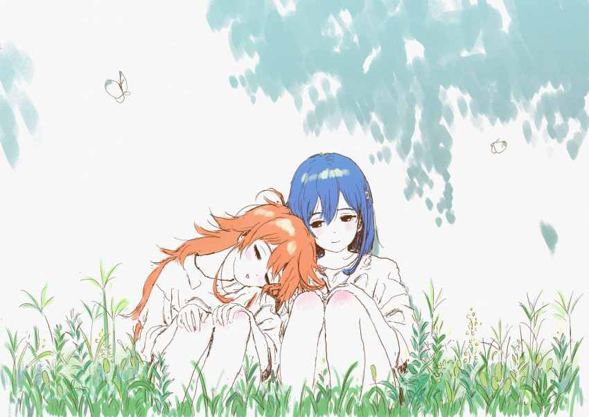 2girls baggy_clothes blue_hair bug butterfly field flip_flappers grass head_on_another's_shoulder highres insect kokomine_cocona long_hair medium_hair multiple_girls orange_hair oshiyama_kiyotaka papika_(flip_flappers) shirt side-by-side simple_background sitting sleeping sleeping_on_person traditional_media very_long_hair watercolor_(medium) weeds white_shirt yuri
