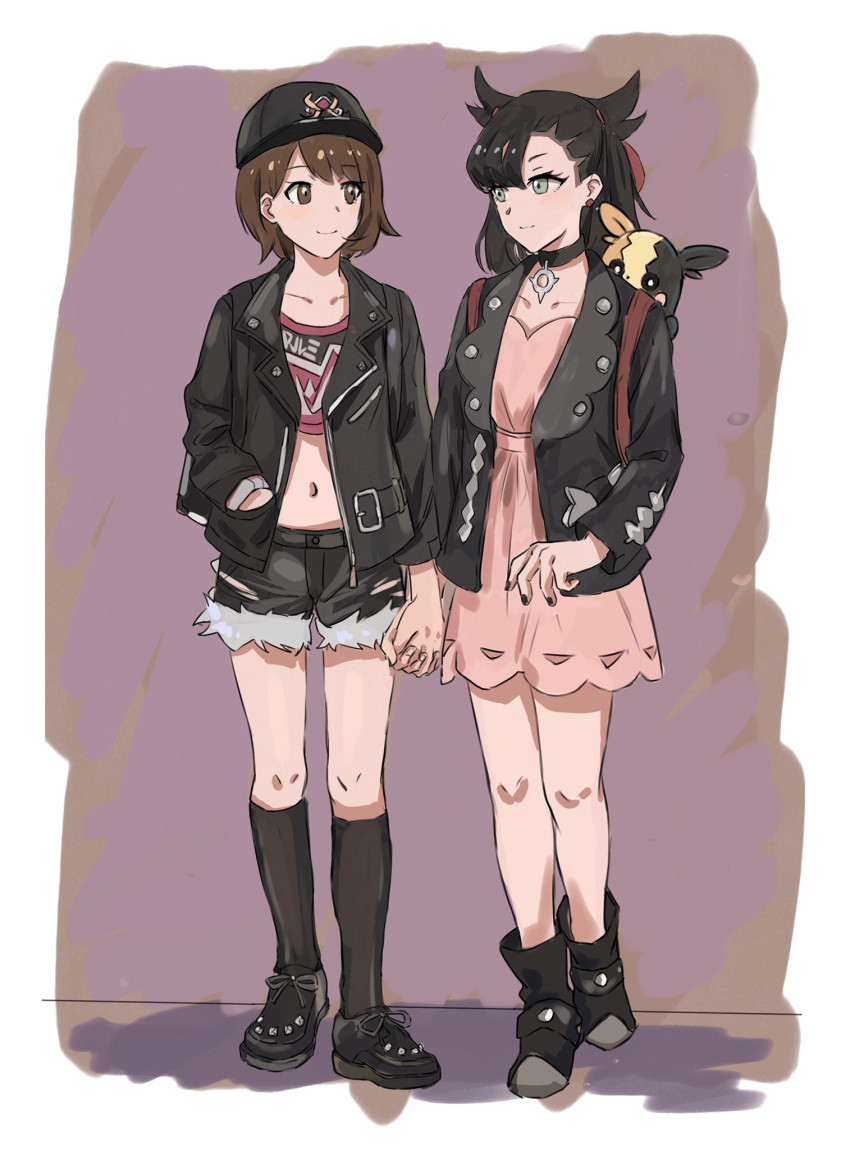 2girls alternate_costume aqua_eyes black_footwear black_hair black_headwear black_jacket black_shorts brown_eyes choker crop_top dress emika_(ww66229393) gen_8_pokemon hand_in_pocket hat highres holding_hands jacket kneehighs looking_at_another mary_(pokemon) morpeko multiple_girls navel pink_dress pokemon pokemon_(creature) pokemon_(game) pokemon_swsh short_hair short_shorts shorts smile standing stomach twintails yuri yuuri_(pokemon)