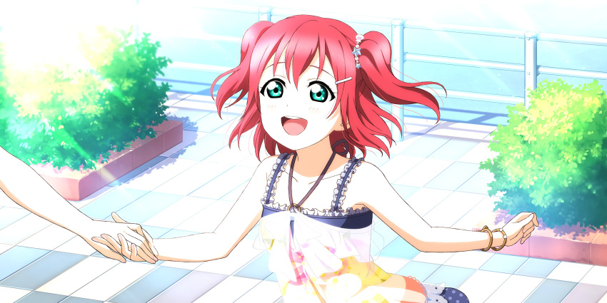 blush dress green_eyes kurosawa_ruby love_live!_school_idol_festival_all_stars pink_hair short_hair smile