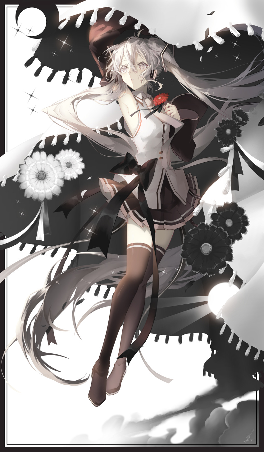 1girl absurdres arm_up bangs black_flower black_footwear black_legwear black_skirt black_sleeves boots breasts collared_shirt commentary_request crescent detached_sleeves eyebrows_visible_through_hair flower full_body grey_eyes hair_between_eyes hatsune_miku highres holding holding_flower long_hair long_sleeves looking_away monochrome_background parted_lips pleated_skirt red_flower saihate_(d3) saihate_(vocaloid) shirt skirt sleeveless sleeveless_shirt small_breasts solo sparkle thigh-highs thigh_boots twintails very_long_hair vocaloid white_flower white_hair white_shirt wide_sleeves