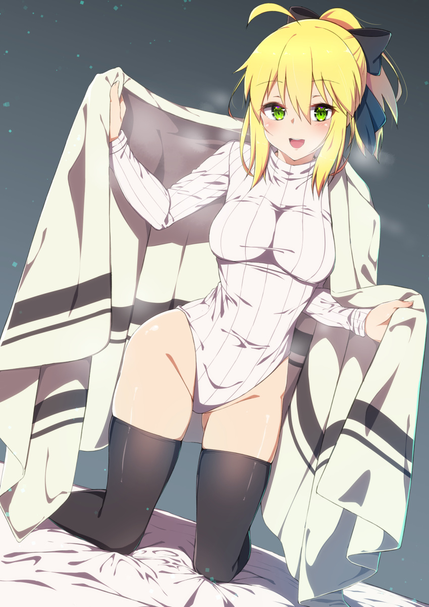 1girl :d ahoge ass_visible_through_thighs bangs bare_hips bed_sheet black_bow black_hair blanket blonde_hair blush bow breasts commentary_request dutch_angle eyebrows_visible_through_hair fate/grand_order fate_(series) green_eyes grey_background groin hair_between_eyes hair_bow highres large_breasts leotard long_sleeves looking_at_viewer nero_claudius_(fate) nero_claudius_(fate)_(all) open_mouth ponytail short_hair sidelocks smile solo sweater thigh-highs turtleneck turtleneck_sweater white_leotard xah03172