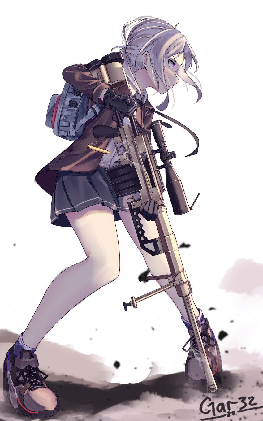 1girl absurdres backpack bag bolt_action cheytac_m200 girls_frontline gloves gun highres m200_(girls_frontline) reloading rifle scope shell_casing shoes skirt sneakers sniper_rifle solo tegar32 twitter_username violet_eyes weapon white_hair