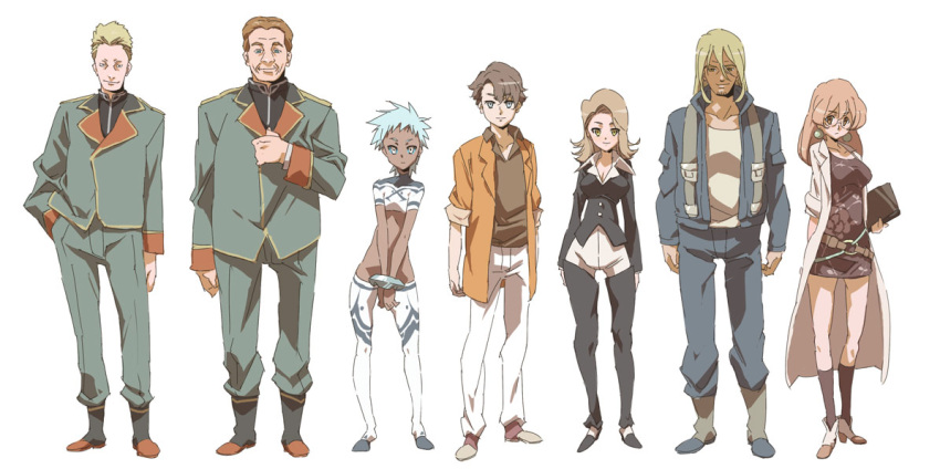3girls 4boys age_difference arms_at_sides belt blonde_hair blue_eyes blue_hair blue_sclera bound bound_wrists breasts brown_eyes brown_hair collarbone commentary_request crop_top cuffs dark_skin earrings expressionless flat_chest glasses graphite_(medium) gundam gundam_g-saviour hair_over_one_eye hand_in_pocket jewelry kikuta_kouichi large_breasts long_coat long_hair looking_at_viewer military military_uniform multiple_boys multiple_girls short_hair smile traditional_media uniform white_background yellow_eyes