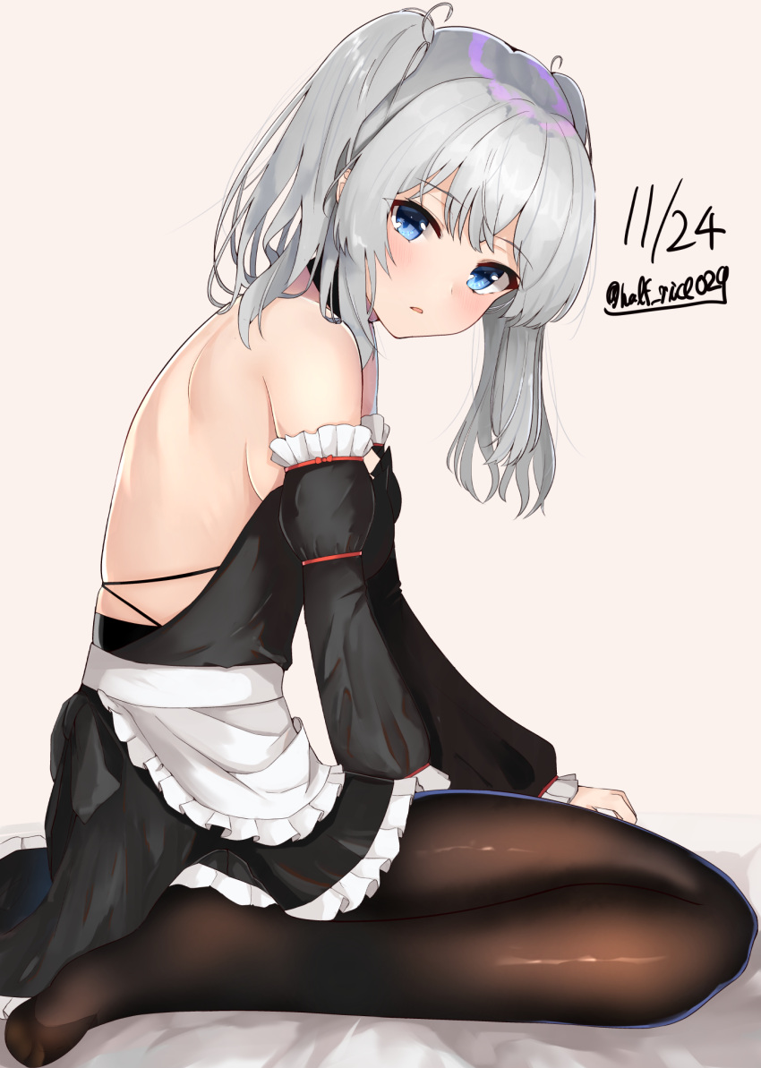 1girl alternate_costume apron bare_shoulders black_legwear blue_eyes blush breasts commentary_request dated detached_sleeves dress enmaided frills head_tilt highres kantai_collection kashima_(kantai_collection) large_breasts long_hair looking_at_viewer maid maid_apron open_mouth pantyhose partial_commentary shiina_aoi sidelocks silver_hair sitting solo tsurime twintails twitter_username wariza wavy_hair
