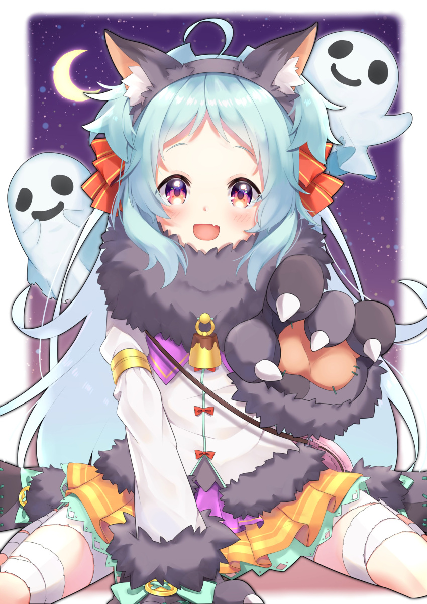 1girl :d absurdres ahoge animal_ear_fluff animal_ears bandaged_leg bandages bell between_legs black_footwear black_gloves black_hairband blue_hair bow commentary_request crescent_moon fake_animal_ears fang forehead fur-trimmed_gloves fur-trimmed_jacket fur_collar fur_trim ghost gloves hair_bow hairband hand_between_legs highres izumo_miyako jacket long_hair looking_at_viewer moon open_mouth orange_skirt paw_gloves paws pleated_skirt potemaro princess_connect! princess_connect!_re:dive red_bow sitting skirt smile solo striped striped_bow two_side_up very_long_hair violet_eyes wariza white_jacket