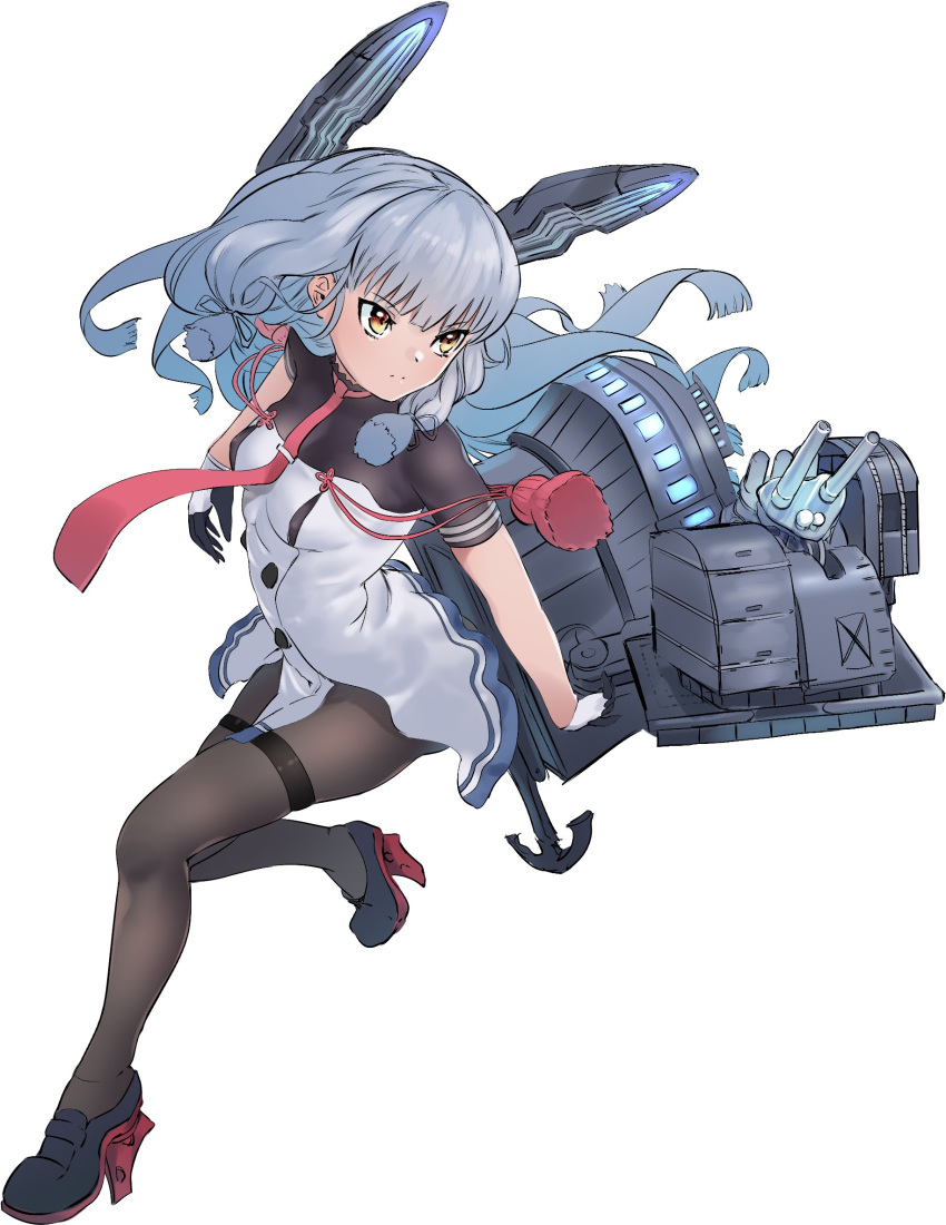 1girl bangs black_gloves blunt_bangs breasts buttons crop_top dress eyebrows_visible_through_hair fingerless_gloves gegeron gloves hair_ribbon headgear high_heels highres kantai_collection looking_to_the_side machinery medium_breasts murakumo_(kantai_collection) necktie orange_eyes pantyhose red_neckwear red_ribbon remodel_(kantai_collection) ribbon sidelocks silver_hair skin_tight solo strapless strapless_dress thighband_pantyhose tress_ribbon turtleneck white_dress white_gloves