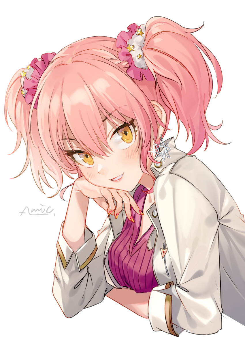 1girl absurdres al_mican breasts earrings from_side glint hair_ornament hair_scrunchie hand_on_own_cheek highres idolmaster idolmaster_cinderella_girls jacket jewelry jougasaki_mika long_hair long_sleeves looking_at_viewer looking_to_the_side multicolored multicolored_nails nail_polish open_clothes open_jacket orange_eyes parted_lips pink_hair pink_lips purple_sweater scrunchie sidelocks signature simple_background small_breasts solo star sweater twintails upper_body white_background white_jacket