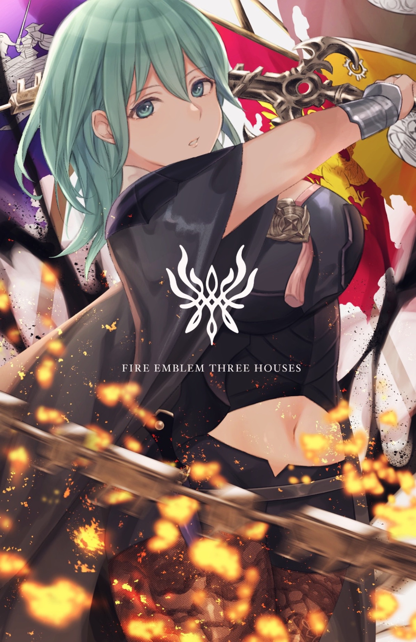 1girl black_cape black_shorts byleth_(fire_emblem) byleth_eisner_(female) cape copyright_name fire_emblem fire_emblem:_three_houses green_eyes green_hair highres holding holding_sword holding_weapon hoshido1214 medium_hair navel navel_cutout pantyhose parted_lips short_shorts shorts solo sword upper_body weapon