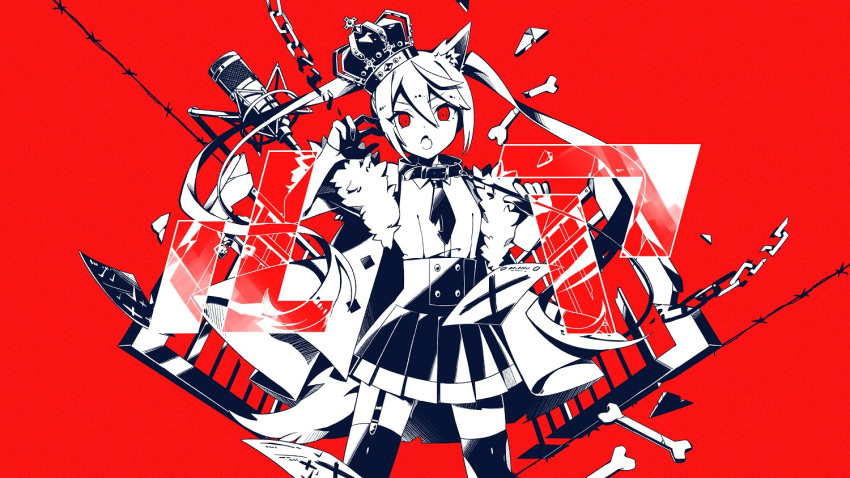 1girl bangs cartoon_bone collarbone commentary_request crown eyebrows_visible_through_hair fang fur-trimmed_jacket fur_trim garter_straps gloves hair_between_eyes half_gloves hatsune_miku jacket leash long_hair looking_at_viewer microphone monochrome necktie nou open_clothes open_jacket open_mouth pleated_skirt red_background red_eyes shirt sidelocks skirt solo standing thigh-highs tilted_headwear twintails very_long_hair vocaloid