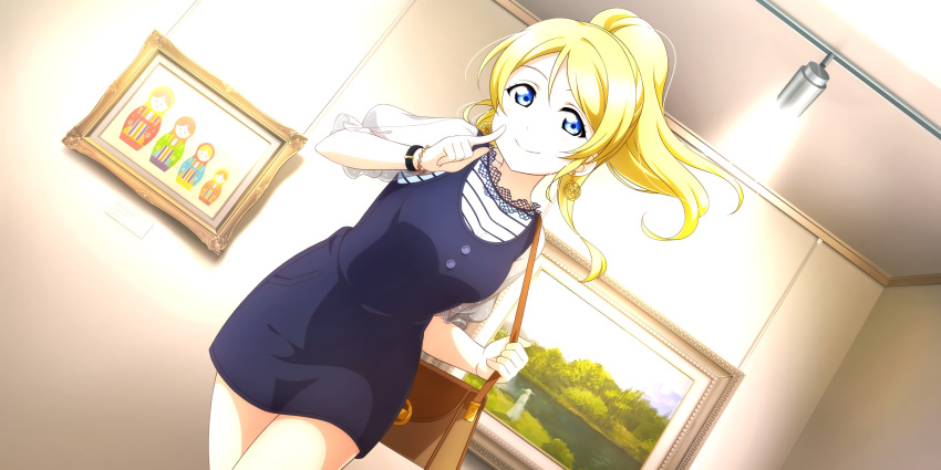 ayase_eli blonde_hair blue_eyes blush dress long_hair love_live!_school_idol_festival_all_stars ponytail smile