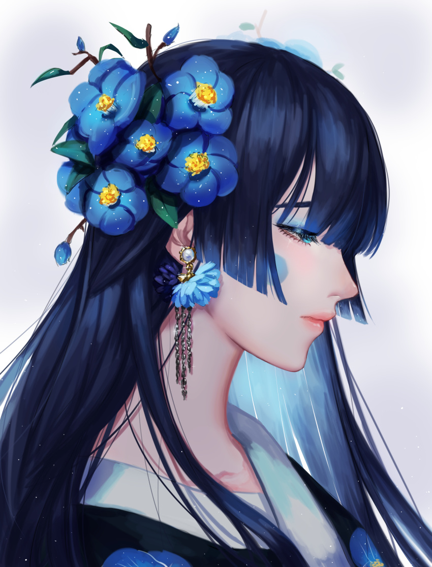 1girl absurdres bangs black_hair blue_eyes blue_flower blue_hair blue_theme blunt_bangs blush_stickers camellia chain chain_earrings closed_mouth earrings eyelashes eyeshadow flower flower_earrings gang_g hair_flower hair_ornament half-closed_eyes highres hime_cut japanese_clothes jewelry kimono long_hair makeup original pearl_earrings portrait profile sidelocks simple_background solo