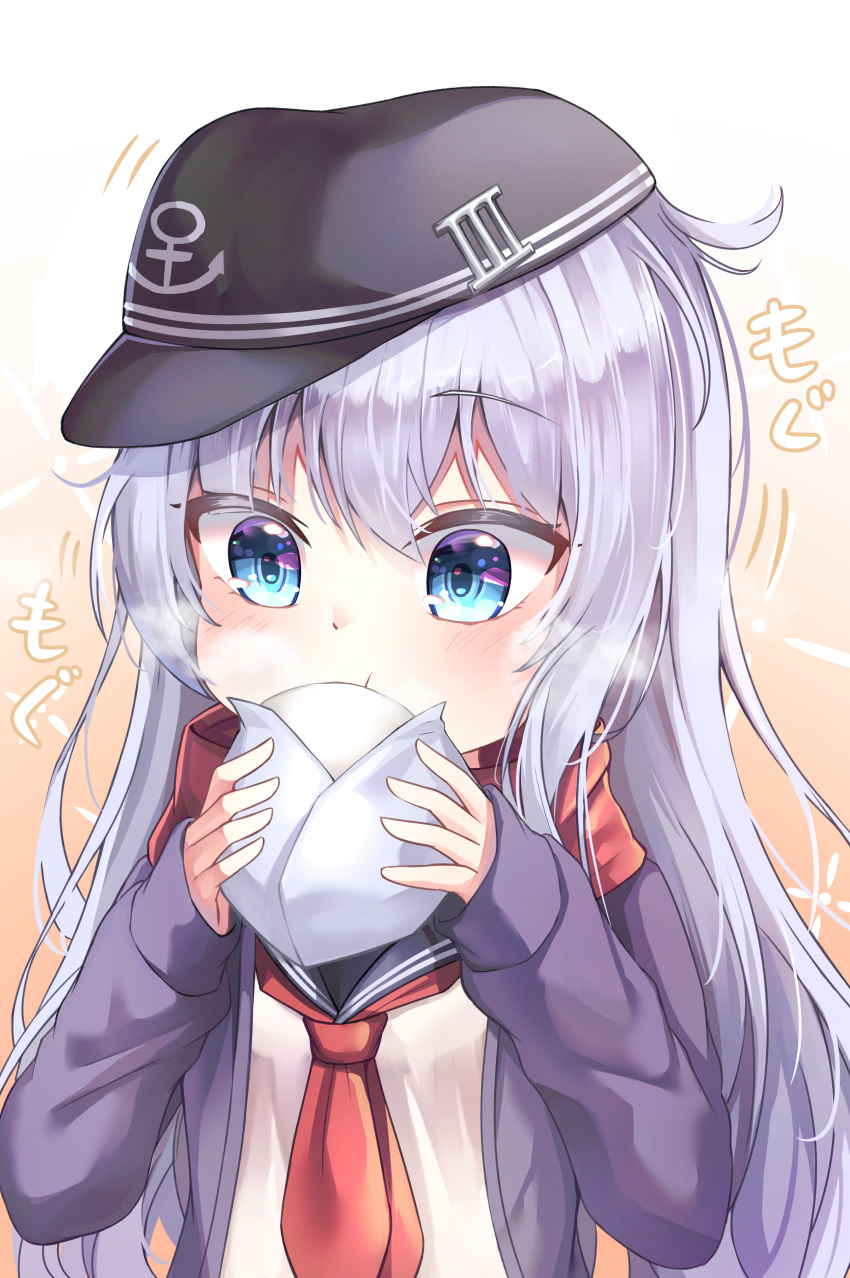 1girl absurdres anchor_symbol black_headwear black_sailor_collar blue_eyes blush eating flat_cap food hair_between_eyes hat hibiki_(kantai_collection) highres holding holding_food jacket kantai_collection long_hair long_sleeves mannaku motion_lines neckerchief purple_jacket red_neckwear sailor_collar school_uniform serafuku silver_hair solo