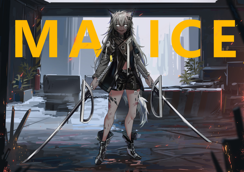 1girl absurdres animal_ear_fluff animal_ears arknights black_coat black_jacket black_nails black_shorts boots facial_scar gloves grey_eyes grey_eyes grey_gloves hair_ornament hairclip hamachi_hazuki high_collar highres jacket lappland_(arknights) legs long_hair multiple_swords scar scar_across_eye short_shorts shorts silver_hair sword weapon wolf_ears