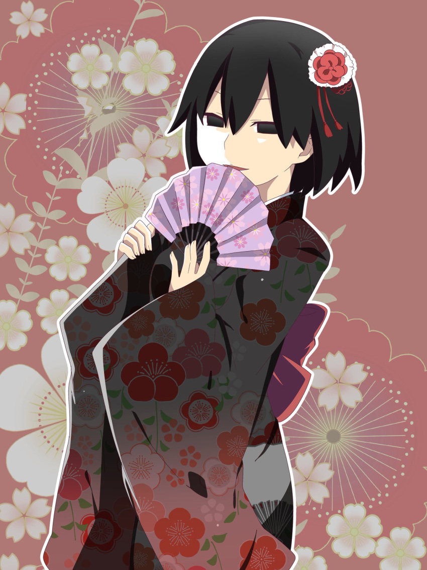 1girl bangs black_eyes black_hair commentary empty_eyes fan floral_print flower folding_fan furisode hair_flower hair_ornament highres japanese_clothes kimono monogatari_(series) oshino_ougi owarimonogatari parted_lips sensu_maru short_hair solo