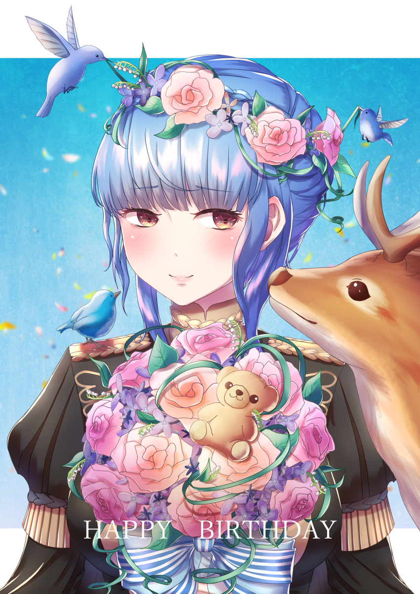 1girl absurdres bird blue_hair braid brown_eyes closed_mouth crown_braid deer epaulettes fire_emblem fire_emblem:_three_houses garreg_mach_monastery_uniform happy_birthday head_wreath highres marianne_von_edmund parupome petals smile uniform upper_body