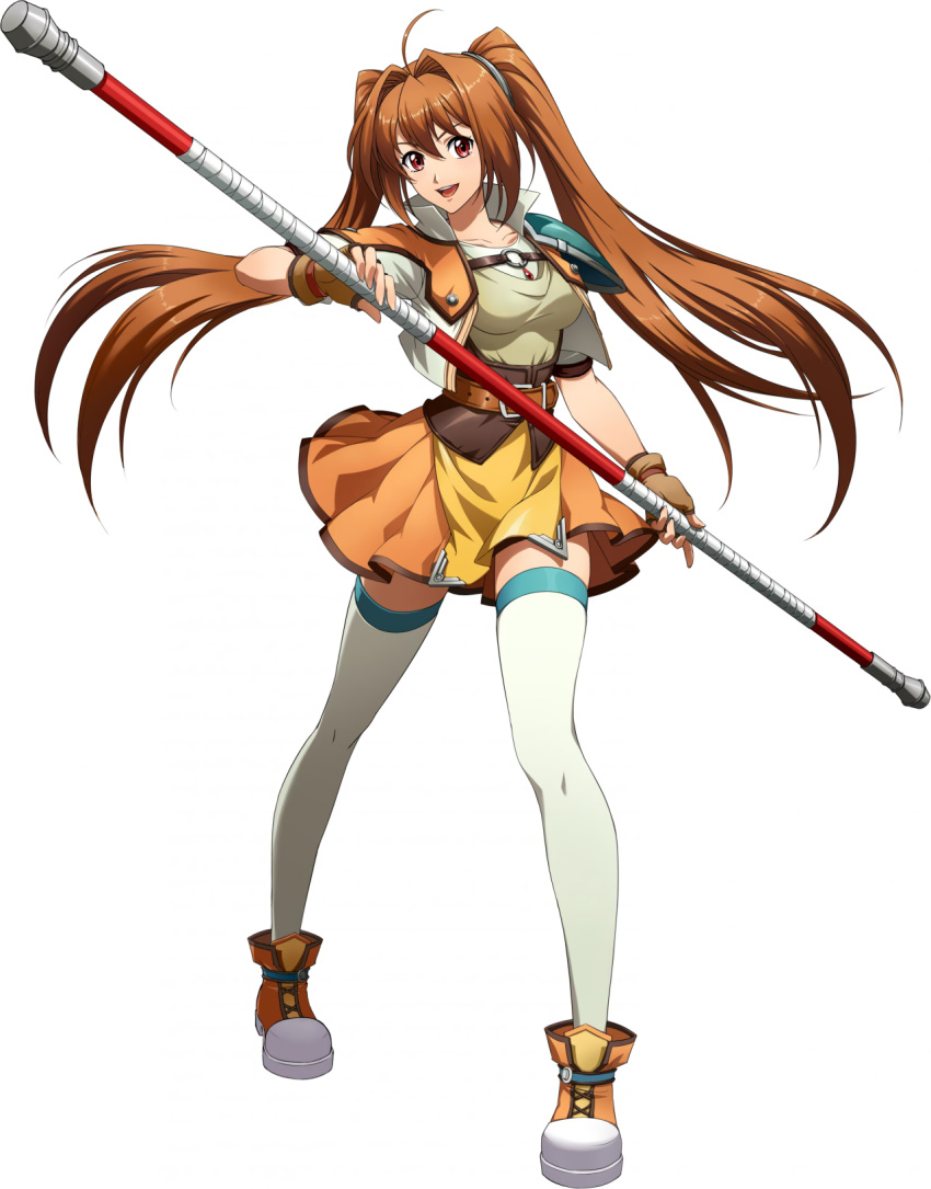 1girl braid brown_eyes brown_hair cropped_jacket crossover eiyuu_densetsu estelle_bright falcom fingerless_gloves full_body gloves hair_intakes highres holding holding_weapon jacket langrisser long_hair looking_at_viewer official_art open_mouth polearm popped_collar short_sleeves simple_background skirt solo sora_no_kiseki thigh-highs twin_braids very_long_hair weapon white_background white_legwear zettai_ryouiki